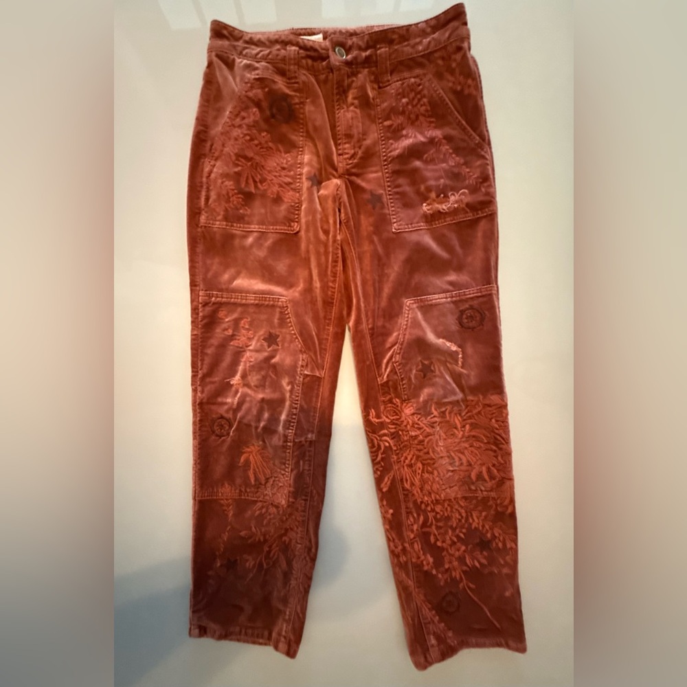 Anthropologie PILCRO The Wanderer Rust Velvet Embroidered Floral Pants Size 28